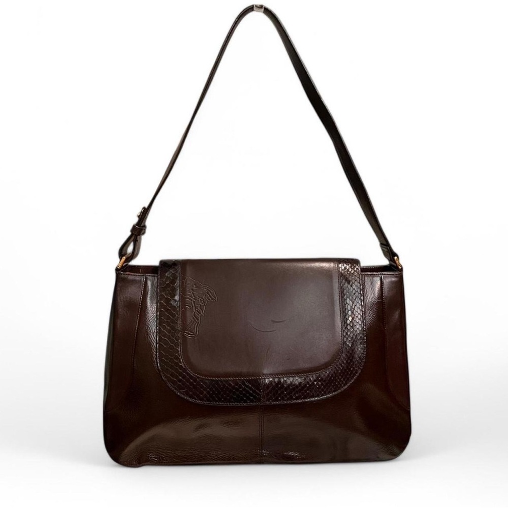 SOLD Vintage Gianni Versace Brown Leather Shoulder Bag with Genuine Snake Skin